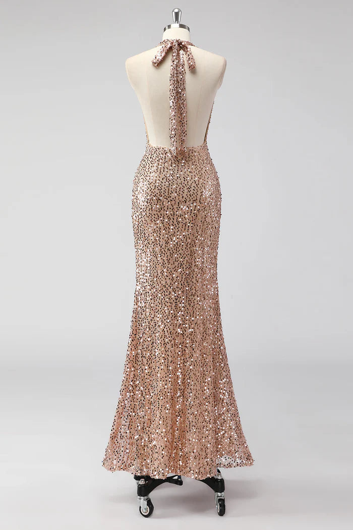 Weitese Dress Glitter Champagne Mermaid Halter Open Back Maxi Dress Prom Dress With Sequins Evening Dress